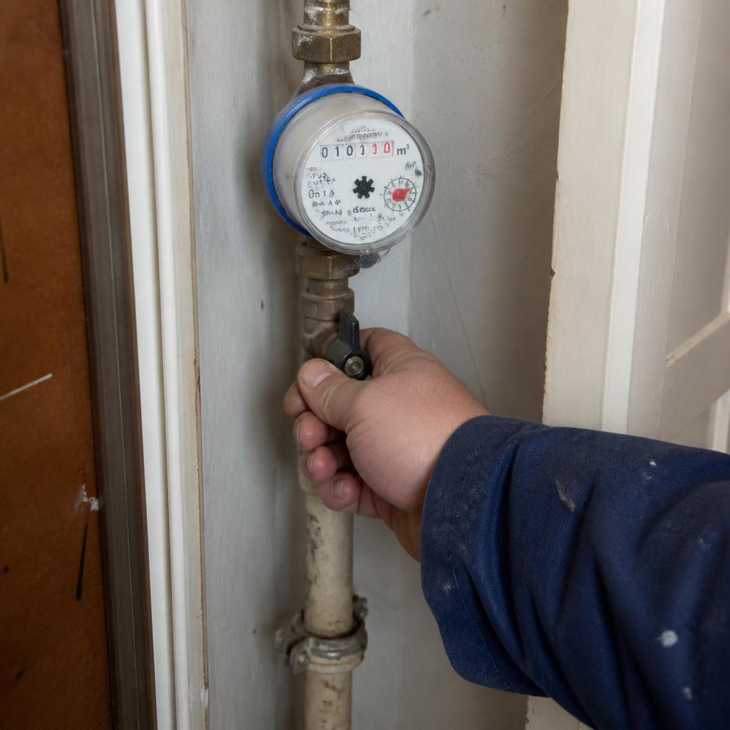 Vodoinstalater brzo zatvara glavni ventil vode na vodomeru u ulazu zgrade