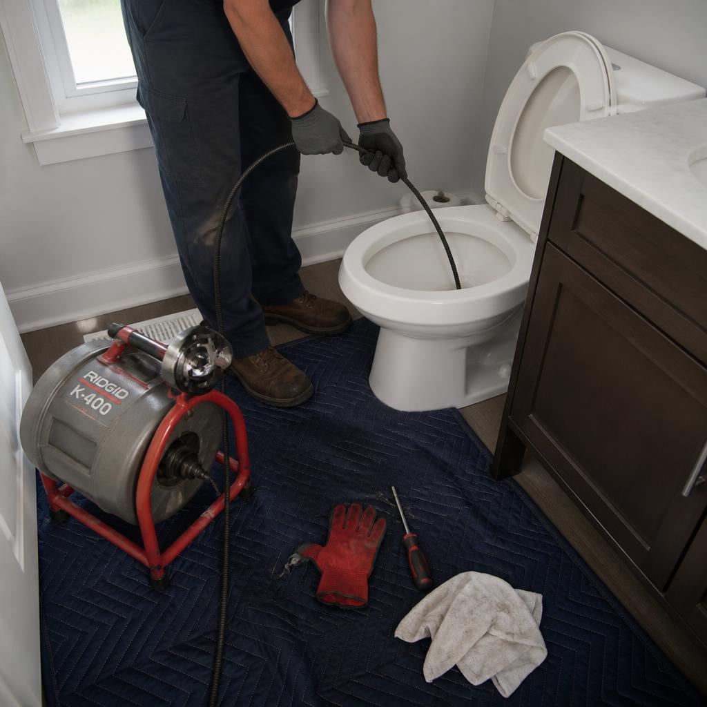 Vodoinstalater ručnom sajlom odgušuje wc šolju u kupatilu