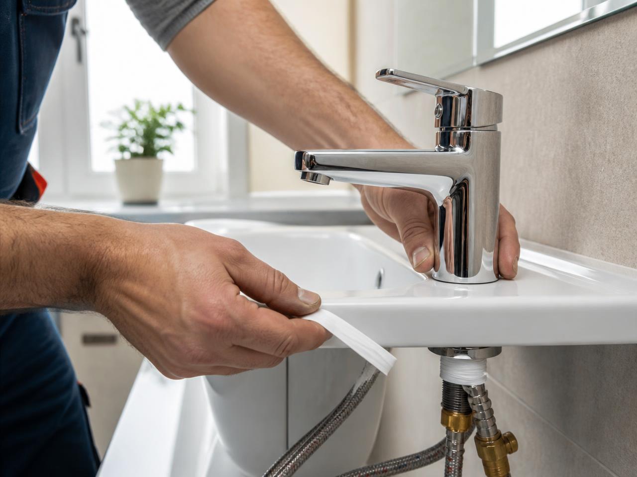 Vodoinstalater teflonom zaptiva navoj hromirane baterije za lavabo pre ugradnje
