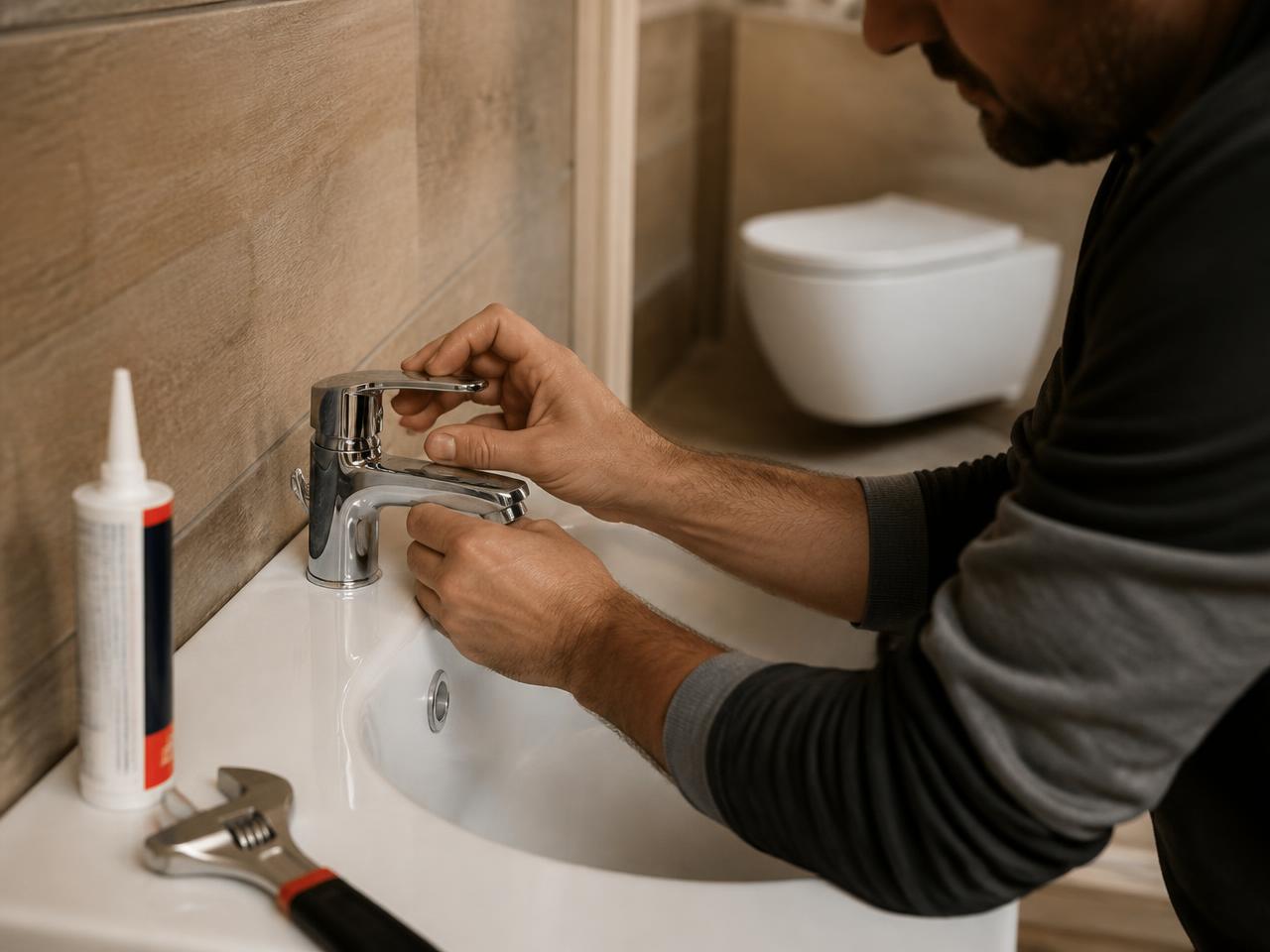 Ruke vodoinstalatera montiraju hromiranu slavinu na novi lavabo u kupatilu